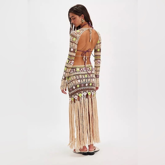 New Free People Bali Crochet Tunic Mini Dress Gown sz M - Picture 2 of 12